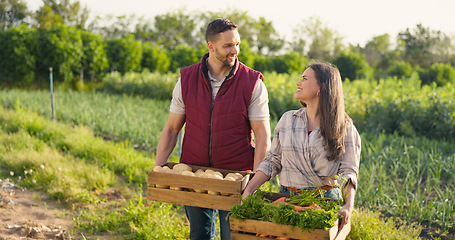 Image showing Vegetables box, agriculture and farmer couple portrait in countryside lifestyle, food market production and supply chain. Agro business owner people, seller or supplier with green product harvest