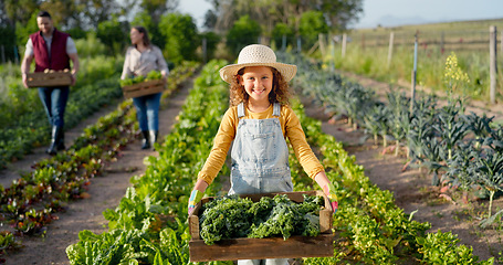 Image showing Little girl, farm and agriculture in green harvest for sustainability, organic and production in nature. Portrait of child holding crops in sustainable farming in the countryside for natural resource