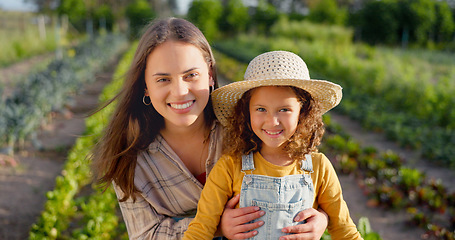 Image showing Agriculture, farming and farmer, woman and girl happy, fresh vegetable and organic growth. Mother and daughter in portrait, green sustainability and environment, nature and nutrition with harvest.