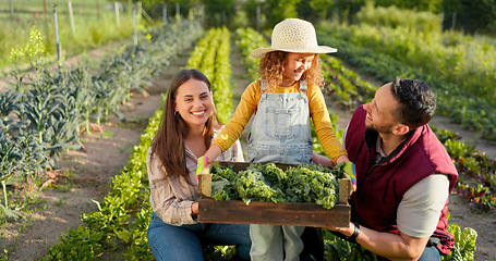 Image showing Harvest, food and family working on a farm for sustainability, agriculture and farming lifestyle together. Happy, smile and portrait of a girl with mother and father and a box of vegetables in nature