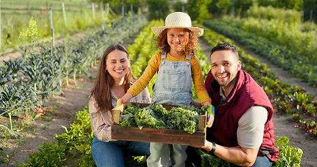 Image showing Plant, vegetables and happy family on a farm farming agriculture growth, natural and organic healthy food. Mother, father and child with a big smile from learning harvesting and nature sustainability