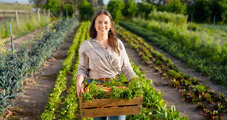 Image showing Woman farmer, agriculture and vegetables in box, farming and fresh produce, organic and harvest. Young, happy in portrait, farm and countryside, nature and environment, green and sustainability.