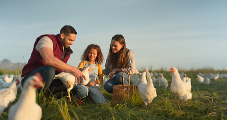 Image showing Chicken, farm and family love of happy mom, dad and child enjoy quality time together, talking and bond on countryside field. Poultry farming, free range bird and animal livestock with farmer people