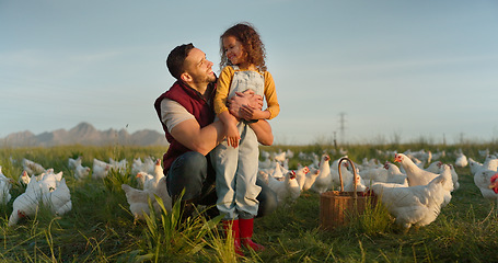 Image showing Man with girl, happy chicken farmer and organic livestock sustainability farming planning for healthy harvest. Child smile at dad, sustainable egg farm and free range eco friendly poultry agriculture