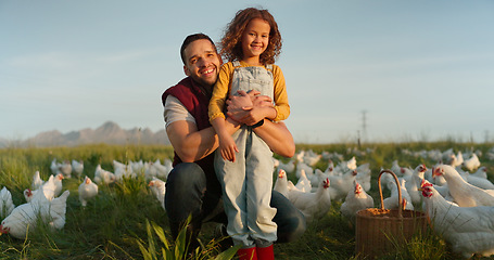 Image showing Man with girl, happy chicken farmer and organic livestock sustainability farming planning for healthy harvest. Child smile at dad, sustainable egg farm and free range eco friendly poultry agriculture