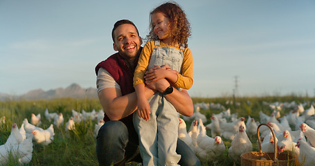 Image showing Man with girl, happy chicken farmer and organic livestock sustainability farming planning for healthy harvest. Child smile at dad, sustainable egg farm and free range eco friendly poultry agriculture