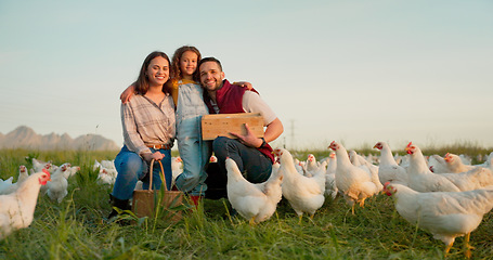 Image showing Farm, chicken and portrait of family with livestock in agriculture, sustainable and green field. Ecology, poultry and agro man and woman with girl kid farming with energy in eco friendly countryside.