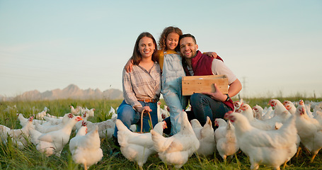 Image showing Farm, chicken and portrait of family with livestock in agriculture, sustainable and green field. Ecology, poultry and agro man and woman with girl kid farming with energy in eco friendly countryside.