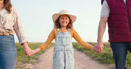 Image showing Agriculture, farming and family holding hands on farm in summer countryside. Mom, dad and portrait of young girl excited for future career in family business as farmer with parents support and love