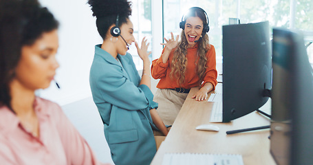 Image showing Business, agent and women with handshake, celebration and happiness for ecommerce sales in office. Team, staff and hands for achievement, success for data analysis and corporate deal, target and goal