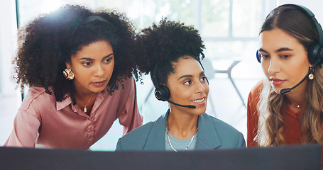 Image showing Business, women and call center with employee, manager and conversation for process, system and workplace. Female agents talking, headset and coworkers for customer support, telemarketing and support