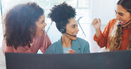 Image showing Call center, high five and business people applause for success, telemarketing sales or achievement. Teamwork, customer service and group of women clapping in celebration of victory, goals or targets