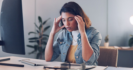 Image showing Headache, computer or woman copywriting with stress, burnout or mental health problems at office desk. Migraine, anxiety or employee in pain while working on digital marketing content or media post