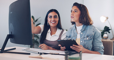 Image showing Tablet, computer or manager coaching an employee in digital marketing, copywriting or email marketing. Leadership, mentorship or women talking or speaking of an online SEO