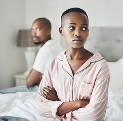 Image showing Stress, depression and marriage, black couple on bed in home angry after argument or fight. Mental health, relationship and divorce problem, woman and man frustrated and depressed in bedroom thinking