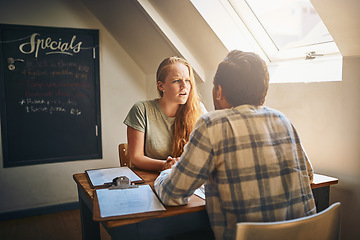 Image showing Divorce, anger and argue with a couple in a restaurant, fighting about cheating or infidelity in a toxic relationship. Breakup, angry or argument with a young man and woman having a fight in a cafe