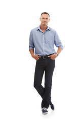 Image showing Portrait, mockup and man with fashion, smile and casual outfit with guy isolated on white studio background. Face, male and gentleman with happiness, joyful and calm with stylish clothes and backdrop