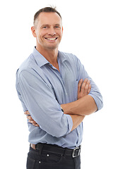 Image showing Business, portrait and man arms crossed, smile and management isolated on white studio background. Face, male employee, happy entrepreneur and gesture for leadership, manager and casual on backdrop