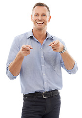 Image showing Portrait of man, smile and pointing finger with proud, confident choice isolated on white background. Happy businessman, pointing and human resources, we are hiring and excited for job recruitment.