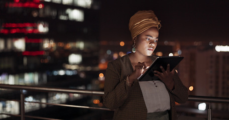 Image showing Tablet, night and balcony with a business black woman doing research while working outdoor at her office. Finance, accounting and data with a female employee using an online search app outside