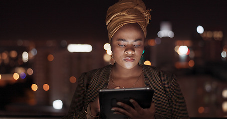 Image showing Tablet, night and balcony with a business black woman doing research while working outdoor at her office. Finance, accounting and data with a female employee using an online search app outside