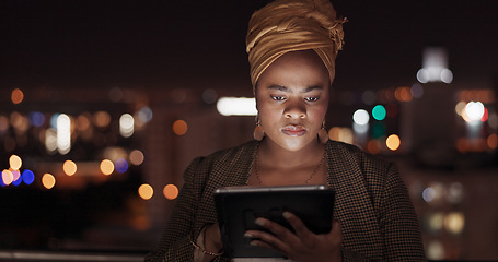 Image showing Tablet, night and balcony with a business black woman doing research while working outdoor at her office. Finance, accounting and data with a female employee using an online search app outside