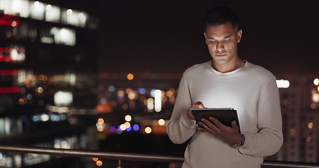 Image showing Man, tablet and city using night data to scroll on internet for global networking, about us information and digital marketing online. Male on internet for stock market investment website search