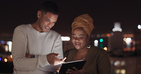 Image showing Communication, night balcony and business people working, talking or review online social media feedback. New York city rooftop, teamwork collaboration and black woman discussion on digital marketing