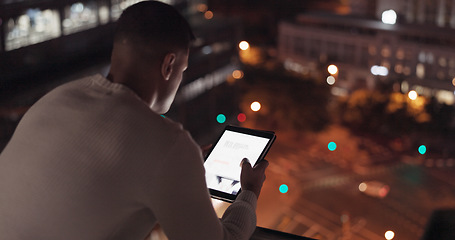 Image showing Man, tablet and city using night data to scroll on internet for global networking, about us information and digital marketing online. Male on internet for stock market investment website search