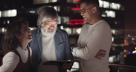 Image showing Business team, tablet and night on city building rooftop talking global networking, digital marketing and social media. Man and woman with 5g network on mobile stock market app for innovation idea