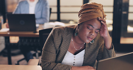 Image showing Business, stress and black woman in office, night and overworked. African American female, employee and administrator with depression, tired and burnout for deadline, online schedule and anxiety.