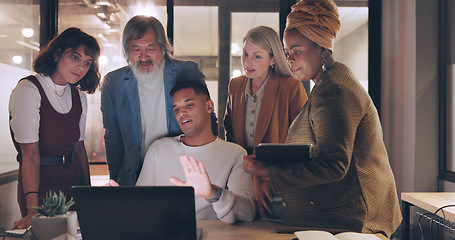 Image showing Laptop, tablet and business people teamwork on night project, digital finance portfolio or feedback review of stock market research. Financial economy, investment collaboration and trader trading nft