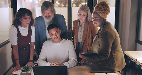 Image showing Laptop, tablet and business people teamwork on night project, digital finance portfolio or feedback review of stock market research. Financial economy, investment collaboration and trader trading nft