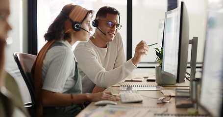 Image showing Call center, customer service and collaboration with a consulting team working together for help or support. Contact us, telemarketing and teamwork with a man and woman consultant at work in sales