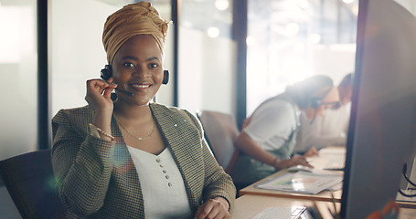 Image showing CRM, happy customer service or consultant black woman with smile for success telemarketing, help or communication. Sales advisor, call center or employee for contact us consulting or customer support