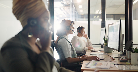 Image showing Call center, computer and consulting with business woman for telemarketing, customer service and contact us. Communication, sales and crm with girl employee at help desk agency for technical support