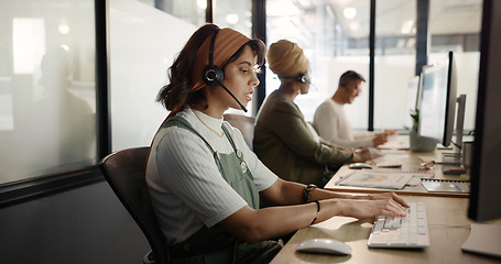 Image showing Call center, computer and consulting with business woman for telemarketing, customer service and contact us. Communication, sales and crm with girl employee at help desk agency for technical support