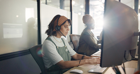 Image showing Call center, computer and consulting with business woman for telemarketing, customer service and contact us. Communication, sales and crm with girl employee at help desk agency for technical support