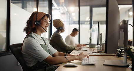 Image showing Call center, computer and consulting with business woman for telemarketing, customer service and contact us. Communication, sales and crm with girl employee at help desk agency for technical support