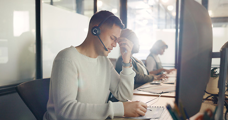 Image showing Man tired at call center, burnout and vision problem, focus fail and employee fatigue at customer service job. Contact us, CRM mistake and exhausted with headache and worker desk for customer care.