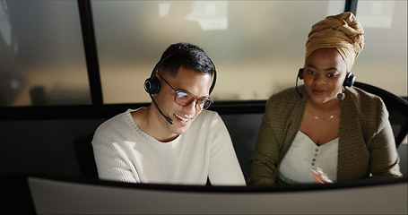 Image showing Call center, training and man coaching black woman coworker at customer service agency. Diversity, teamwork and crm, telemarketing manager consulting with agent at desk for customer support help line