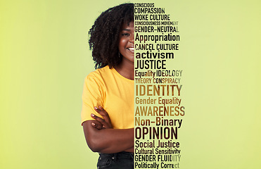 Image showing Words, text and portrait of lgbt woman happy for pride and social injustice in a studio green background. Non binary, activist and young African female proud and confident with SEO tag or protest