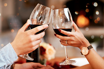 Image showing Red wine, glass and couple hands toast, celebrate or cheers in 5 star restaurant or fine dining alcohol store. Romance love, marriage anniversary or people on Valentines Day date for holiday event