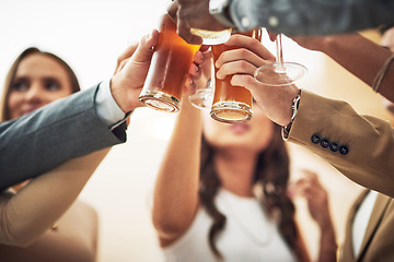 Image showing Happy celebration, alcohol and people toast with beer, cocktail or glass drinks for fun friendship reunion. Social party event, restaurant cheers and below view of excited group of friends celebrate