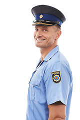 Image showing Security, officer and portrait of police with smile on white background for authority, leadership and pride. Law enforcement, justice and isolated guard, policeman and cop happy in legal uniform