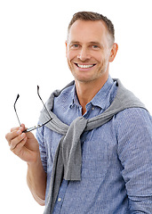 Image showing Portrait, happy and mature man in studio for fashion, style and satisfaction against a white background. Face, trendy and fashionable male relax, real and normal while smiling, cheerful and isolated