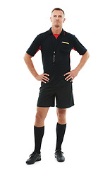 Image showing Sports, portrait and male referee in a studio posing with sportswear for a soccer match or training. Fitness, exercise and full body of man coach ready for football game isolated by white background.