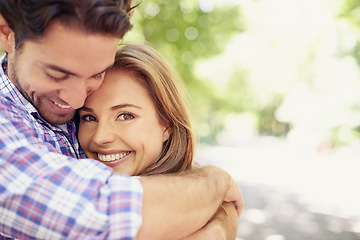 Image showing Happy couple, portrait or love hug in garden, nature or backyard park on valentines day, romance date or summer bonding. Smile, woman or man in embrace, relax support or partnership profile picture