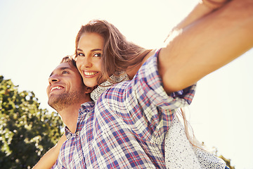 Image showing Couple portrait, piggy back or airplane in nature park or low angle bonding on valentines day, garden date or romance love. Smile, happy or man carrying woman in aeroplane, fun game or freedom energy