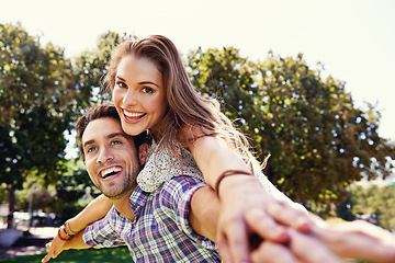 Image showing Happy couple, portrait or airplane piggyback in nature park bonding on valentines day, garden date or romance love. Smile, man or carrying woman in aeroplane trust, fun game or freedom energy support